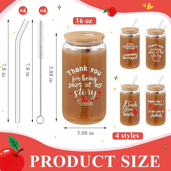 4 Pcs 16 oz Christmas Teacher Gifts for Women Teacher Appreciation Gifts Thank You Coffee Cup Tumbler Drinking Glass Beer Cups with Bamboo Lids Glass Straw Cleaning Brush for Employee Staff(Grateful)