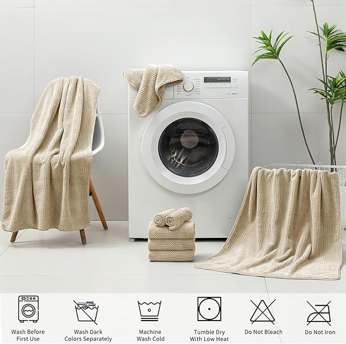 18 Pcs Camel Woven Family Towels Set-6 Bath Sheets,6 Hand Towels,6 Washcloths Soft Polyester Towels Absorbent Shower Towel Quick Dry Beach Chair Towel Lint Less Towels Set for Bathroom Spa Gym Hotel