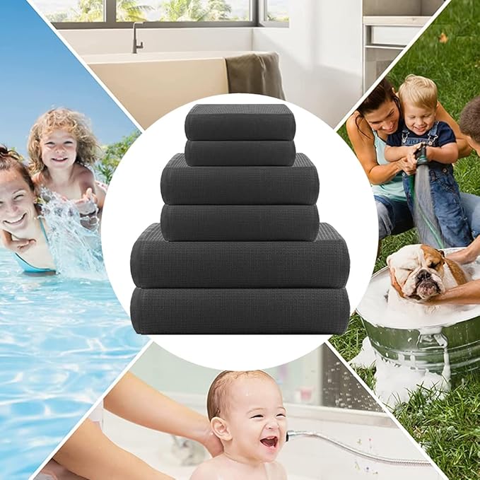 CASA COPENHAGEN Waffle Terry Towel 6Pcs Set, Cotton Extra Large Luxurious- Pine Grey, 2Bath Sheets XL- 35 x 70 Inch, 2Large Hand Towels- 20 x 31Inch, 2Large Washcloths- 16 x 16 Inch