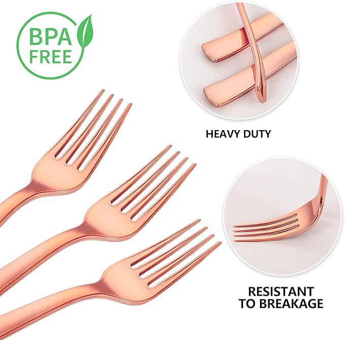 YOUBET 50PCS Rose Gold Plastic Forks - Heavy Duty Plastic Forks - Solid Durable Rose Gold Disposable Silverware for Party Picnic Wedding and Daily Use
