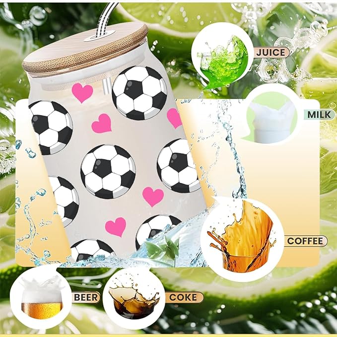 Soccer Gifts, Iced Coffee Cup, 16 oz Glass Cups with Lids Straws, Soccer Accessories, Birthday Christmas Gifts for Women Mom Coach Players Teams Sport Lovers, Party Favors