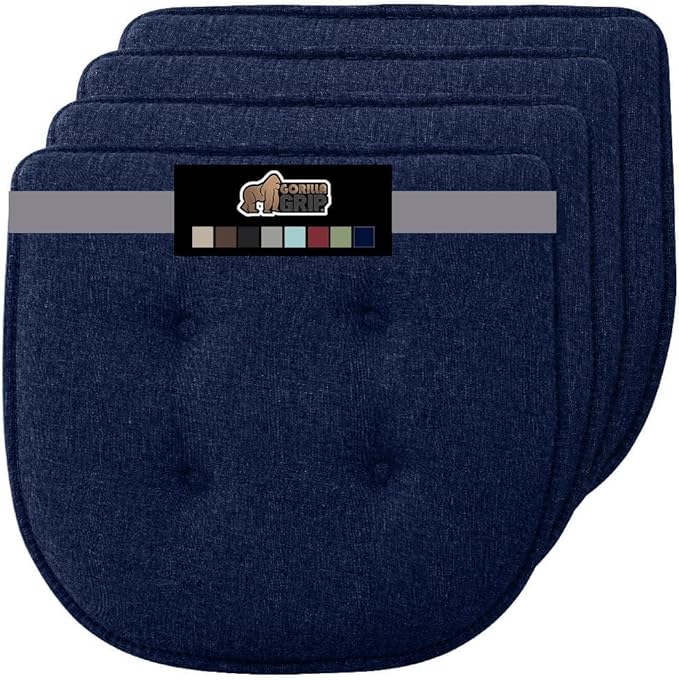GORILLA GRIP Slip Resistant Tufted Chair Cushions, No Ties Required, Memory Foam Pads for Dining Room Kitchen Table, Office, Rocking Chairs, Plush Seat Cushion Pad, Home Decor, Set of 4, 16x17, Navy