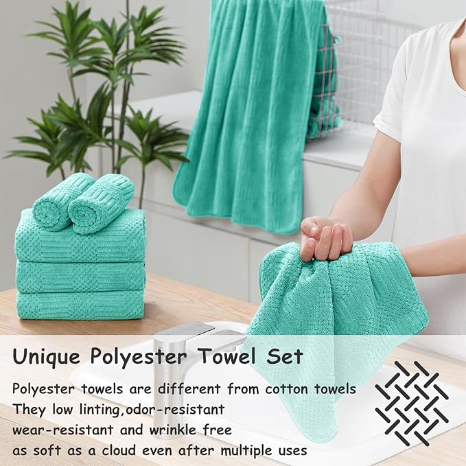 18 Pcs Blue Green Woven Family Towels Set-6 Bath Sheets,6 Hand Towels,6 Washcloths Soft Polyester Towels Absorbent Shower Towel Quick Dry Beach Chair Towel Lint Less Towels Set for Bathroom Spa Gym