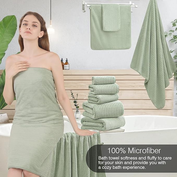 18 Piece Family Bath Towel Set Include 6 Bath Towels,6 Hand Towels and 6 Washcloths Soft Bathroom Towel with Hanging Loops,Highly Absorbent Quick Dry Towels Set for Bathroom,Hotel and Spa-Green