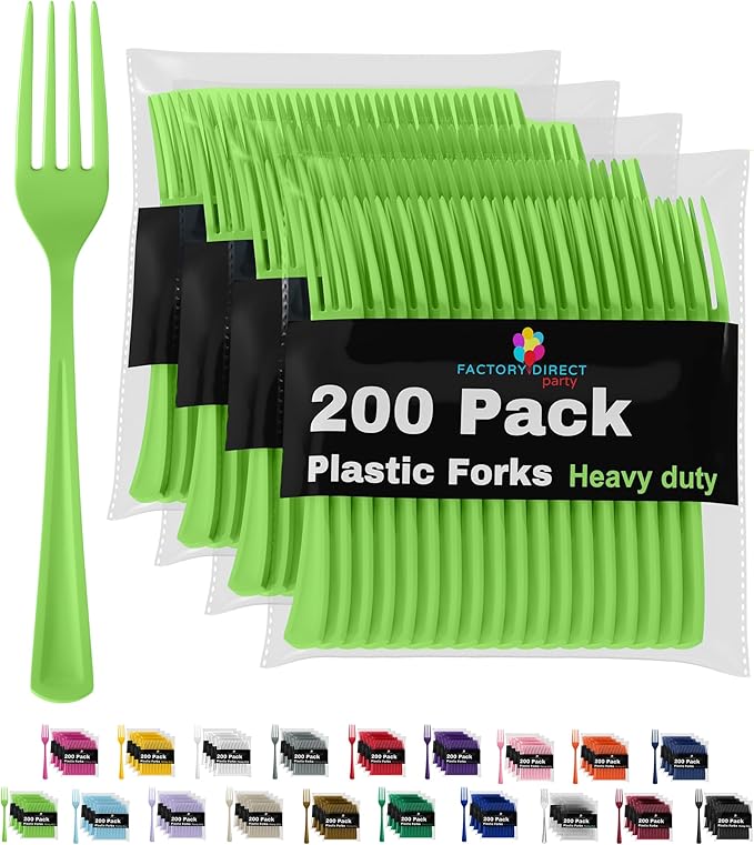 Party Solids Lime Green Plastic Forks 200 Pcs Lime Green Forks Disposable Utensils Heavy Duty Plastic Cutlery Set Disposable Cutlery Sets Flatware Sets Silverware Set Party Supplies & Party Tableware