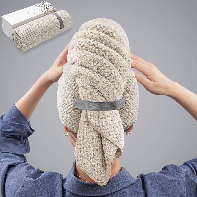 YFONG Large Hair Towel Wrap for Women, Super Absorbent Microfiber Hair Towel for Curly Hair, Fast Drying Hair Turbans with Elastic,Hair Drying Towel Wrap for Hair Care 26.3" X 40" (Camel)