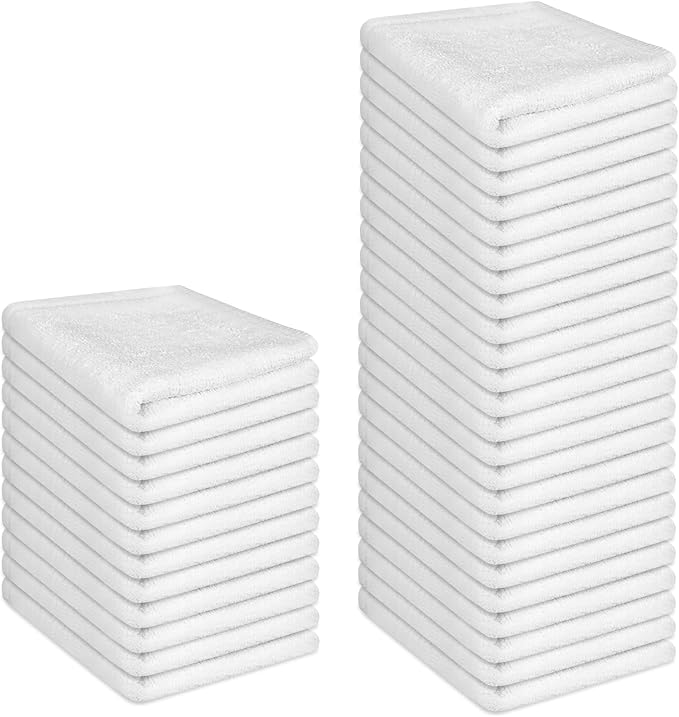 36 Pack 100% Cotton Wash Cloth, 12x12 Inch Highly Absorbent and Soft Feel Fingertip Towels, Machine Washable Washcloths for Bathroom, Gym, Hotel, Spa and Kitchen, White
