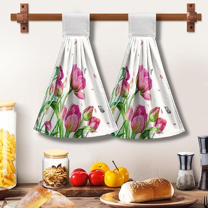 Pink Tulip Flower Hanging Kitchen Towels Spring Floral Hand Towels with Hanging Loop Set of 2 Decorative Summer Tea Towel Soft Absorbent Dish Tie Towels for Bathroom Kitchen 12x17 Inches
