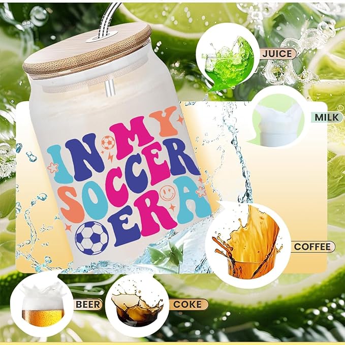Soccer Gifts for Girls, Iced Coffee Cup, 16 oz Glass Cups with Lids Straws, Soccer Accessories, Birthday Christmas Gifts for Women Mom Coach Players Teams, Party Favors