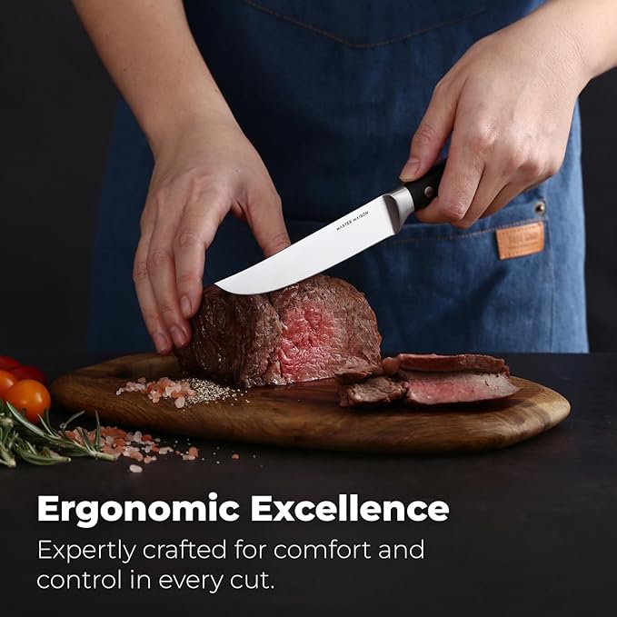 Master Maison 8-Piece 5" Ultra Premium Steak Knife Set | 8 German Non-Serrated Stainless Steel Kitchen Steak Knives + Storage Gift Box | Anti-Fatigue Ergonomic Full-Tang Triple-Riveted Handle (Black)