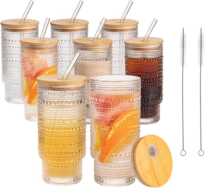 Drinking Glasses with Bamboo Lids and Glass Straw 8pcs Set,16oz Glass Tumbler Cups,Water Glasses,Iced Coffee Glasses,iced Tea Glasses,Beer Glasses,Ideal for Whiskey,2 Brushes