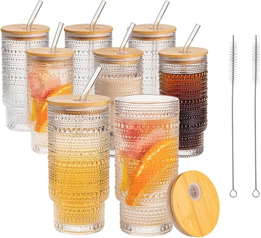 Drinking Glasses with Bamboo Lids and Glass Straw 8pcs Set,16oz Glass Tumbler Cups,Water Glasses,Iced Coffee Glasses,iced Tea Glasses,Beer Glasses,Ideal for Whiskey,2 Brushes