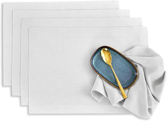 Solino Home Linen Placemats Set of 4 - Silver Cloud Placemats 14 x 19 Inch - 100% Pure Linen Table Place Mats for Winter - Fete