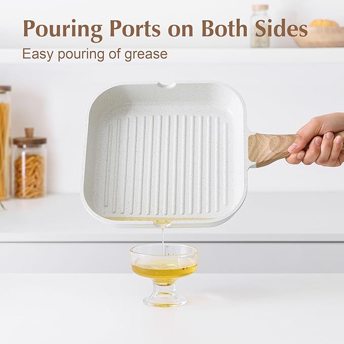 SENSARTE Nonstick Ceramic Grill Pan for Stove Tops, Square Grilling Pan with Pour Spouts, Non Toxic Durable Grill Skillet for All Stoves(Gas,Electric,Induction) PTFE,PFAS,PFOA Free, 12Inch (White)