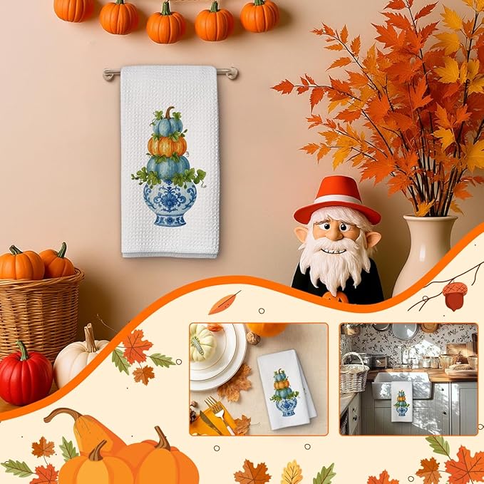 Chinoiserie Fall Pumpkin Hand Towels for Kitchen Decor,1PCS Blue and White Porcelain Thanksgiving Tea Dish Towel,Farmhouse Pumpkin Decor for Bathroom,Anthropology Autumn Gifts for Women-B03