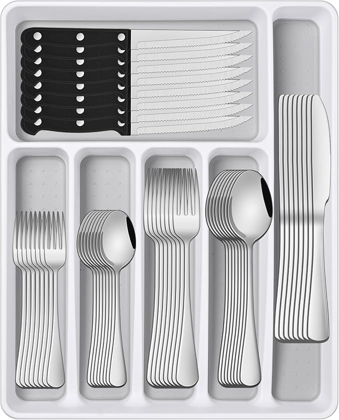 49 Pieces Silverware Sets With Organizer And Steak Knives,Stainless Steel Flatware Sets Service For 8 Person For Home Kitchen,Tableware Cutlery Sets,Includes Knife Spoon and Forks Sets