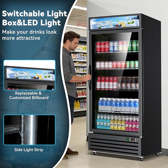 Commercial Beverage Refrigerator with Glass Door, 21.2 Cu.Ft Display Fridge Beverage Cooler with Customizable Lightbox Adjustable Shelves, Drink Fridge Merchandiser for Restaurant Shop, Black