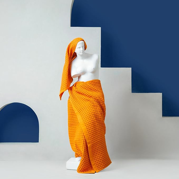 Luxury Organic Japanese Cotton Waffle Bath Towel | Thick, Absorbent, Quick Dry Bathroom Towels for Shower, Sauna, Onsen| Hotel & Spa Quality, Gift-Ready (Coral Orange, Bath Sheet (2 Pack))