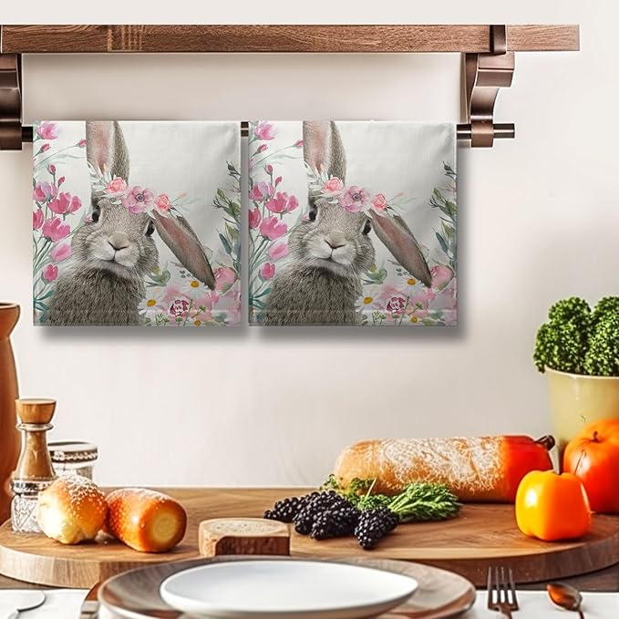 Easter Bunny Hand Towels Spring Cute Rabbits Kitchen Towel Flowers Soft Portable Dish Tea Towels Washcloths for Kitchen Bathroom Decorations 14.4X 28.3