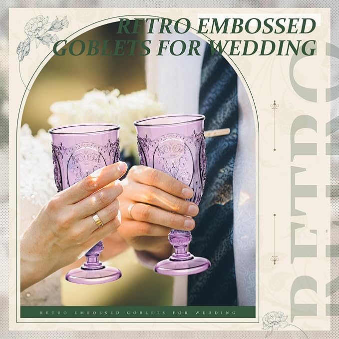 24 Pcs Plastic Goblets 7.5oz Vintage Goblet Plastic Wine Glasses Colored Retro Embossed Water Goblets for Wine Bar Juice Baby Shower Wedding Reception Grand Event Party (Purple)