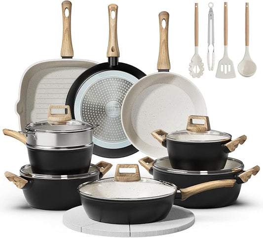 24 Pcs Pots and Pans Set Non Stick Ceramic Cookware Set with 3 Stockpots, White Interior Black Exterior, Healthy Non-Toxic, Large Capacity, Induction Compatible, PFAS/PTFE/PFOA Free