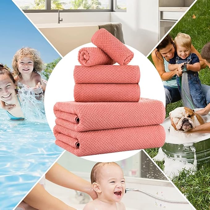 CASA COPENHAGEN Popcorn 6 Pieces Towel Set- Malibu Peach, 600 GSM 2 Bath Towel 2 Hand Towel 2 Washcloth, Designed in Denmark Made of Soft Egyptian Cotton for Bathroom, Kitchen & Shower