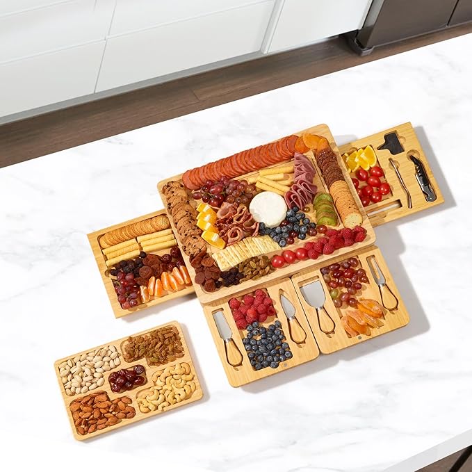 Large Charcuterie Boards Gift Set - Cheese Board and Knife Set with Extra Cheese Platter, Bamboo Charcuterie Board Cheeseboard Cheese Plate for House Warming Gifts New Home, Wedding Gifts