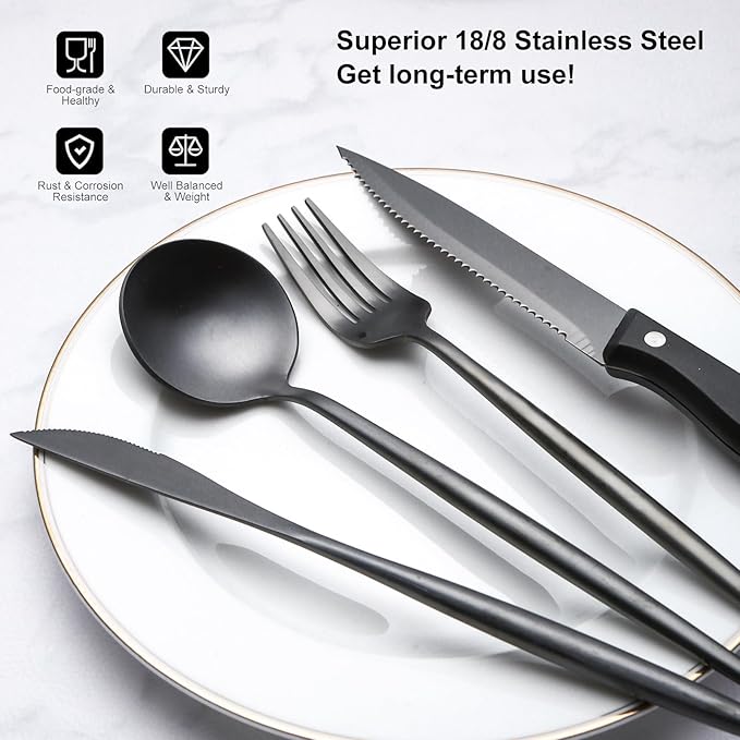 24 Pieces Matte Black Silverware Set with Steak Knife, Stainless Steel Flatware Set for 4, Satin Finish Spoons and Forks Silverware Set, Black Cutlery Utensils Set, Dishwasher Safe