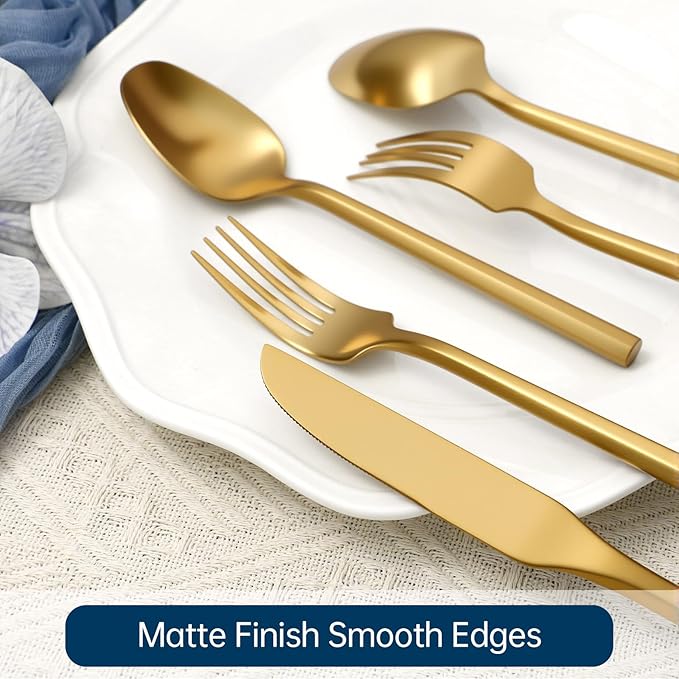 Silverware Set 60-Piece Stainless Steel Matte Gold Cutlery, Hand Forged Thick Hexagon Handle Flatware Sets, Service for 12
