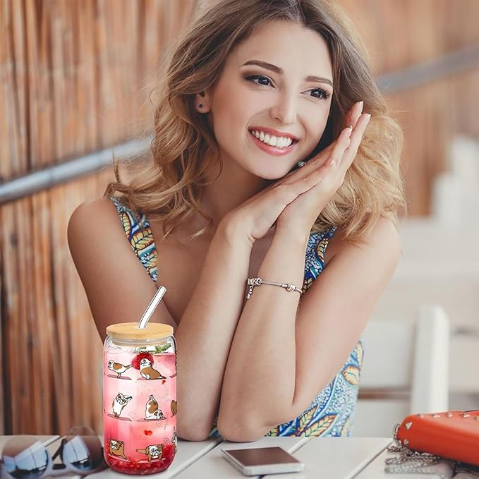 English Bulldog Yoga Glass Cup with Lid & Straws 16 OZ - Drinking Glass Tumbler for Iced Coffee, Smoothie, Cocktail, Beer, Soda - Birthday Christmas Gift for Men, Women, Sister, Friends