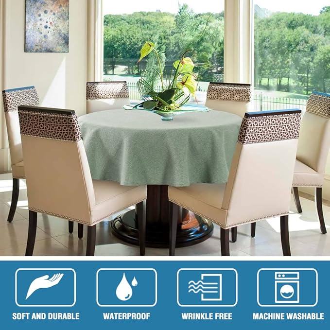 H.VERSAILTEX Linen Textured Tablecloth Round 70 inch Waterproof Decorative Table Cloth Spill-Proof Linen Look Cover for Party Table Extra Soft and Thick Fabric Wrinkle Free, Heather Sage