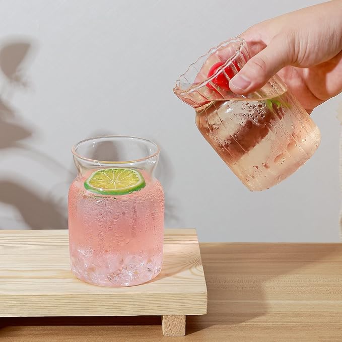 Koythin 2-Piece Ribbed Glass Cups, Vintage Drinking Glassware for Iced Coffee Juice Cocktails Milk Tea Beer, 14 oz/420 ml Cute Bubble Cup with Rounded (Bottle Chubby)