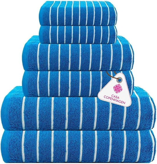 CASA COPENHAGEN Ecstatic 6 Pieces Towel Set- Electric Blue, 600 GSM 2 Bath Towel 2 Hand Towel 2 Washcloth, Designed in Denmark Made of Soft Egyptian Cotton for Bathroom, Kitchen & Shower