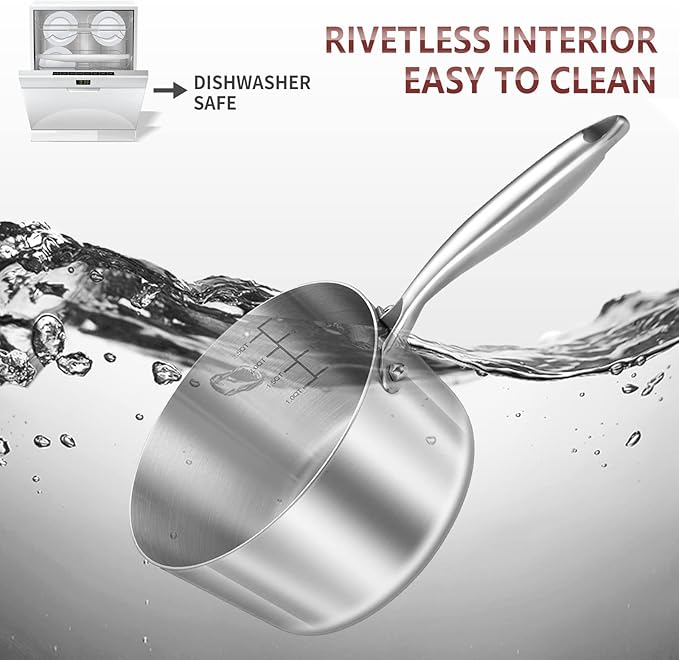 LOLYKITCH Tri-Ply Stainless Steel 2.5 QT Saucepan with Lid,Dia.18CM Induction Cooking Sauce Pot,Oven and Dishwasher Safe,Detachable Handle.
