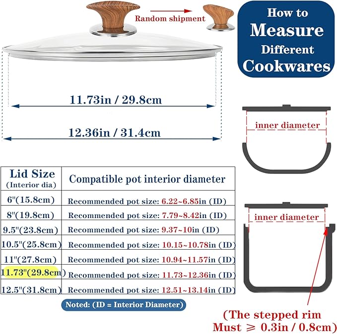 12 Inch Pan Lid for Frying Pan, Tempered Glass Lid Pot Cover, 6,8,9.5,10.5,11,12,12.5 Inch Universal Pan Lid for Pots Skillets