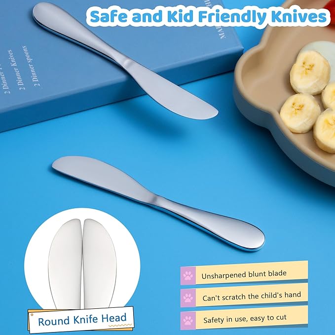 6 Piece Kids Silverware Set, EIUBUIE 18/10 Stainless Steel Toddler Utensils, Child and Baby Safe Flatware, Metal Kids Utensil Cutlery Set Includes 2 Toddler Forks and Spoons, 2 Butter Knives