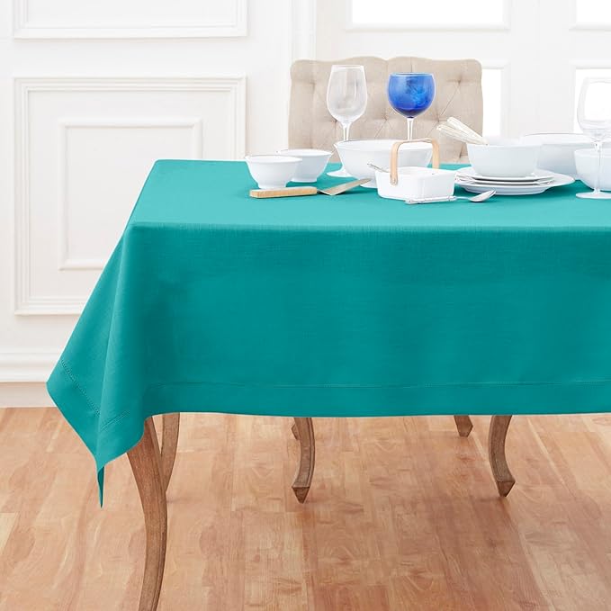 Solino Home Linen Tablecloth 54 x 72 Inch - Classic Hemstitch 100% Pure Linen Teal Table Cloth for Rectangle Tables - Machine Washable Tablecloth