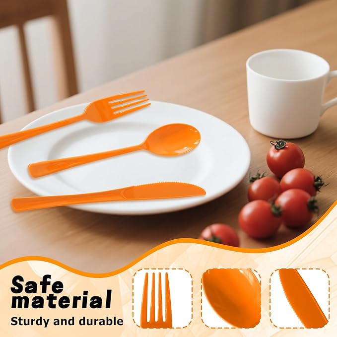 300 Pack Disposable Plastic Silverware, Heavy Duty Orange Plastic Cutlery Set Includes 100 Forks 100 Knives 100 Spoons for Birthday Wedding Party Picnics (300, Orange)