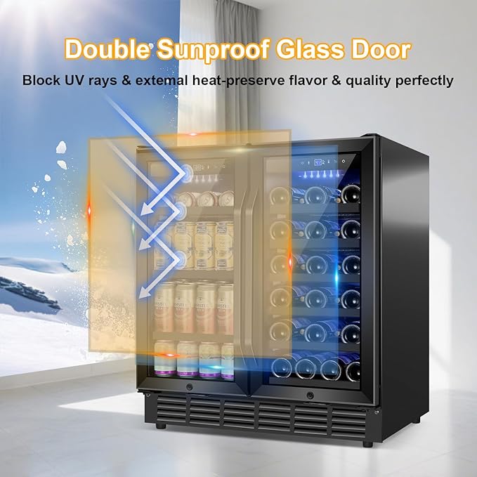 30 Inch Wine and Beverage Refrigerator Black- Dual Zone Beverage Fridge Under Counter/Freestanding Drink and Beer Fridge Built-In Home Kitchen Bar or Office