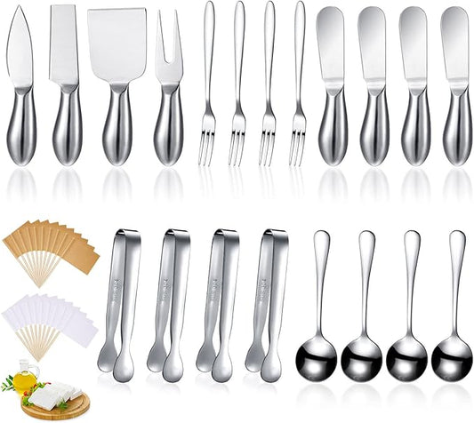Patelai Charcuterie Board Accessories Cheese Spreader Knife Set Charcuterie Utensils Butter Knife Stainless Steel Mini Serving Tongs Spoons Appetizer Forks for Pastry Christmas(Silver,20 Pieces)