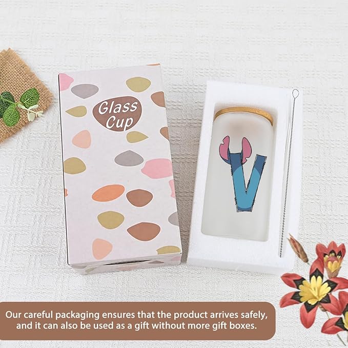 Cute Cartoon Lover Gifts Initial A-Z Personalized Iced Coffee Cup Cartoon Merch 16oz Glass Cup with Lid and Straws Birthday Christmas Gifts for Women Teen Girls Fans (Letter V)