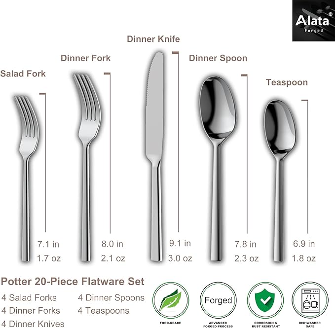 Alata Potter 20-Piece Forged Silverware Set Stainless Steel Flatware Set Cutlery Set,Service for 4,Mirror Finish,Dishwasher Safe