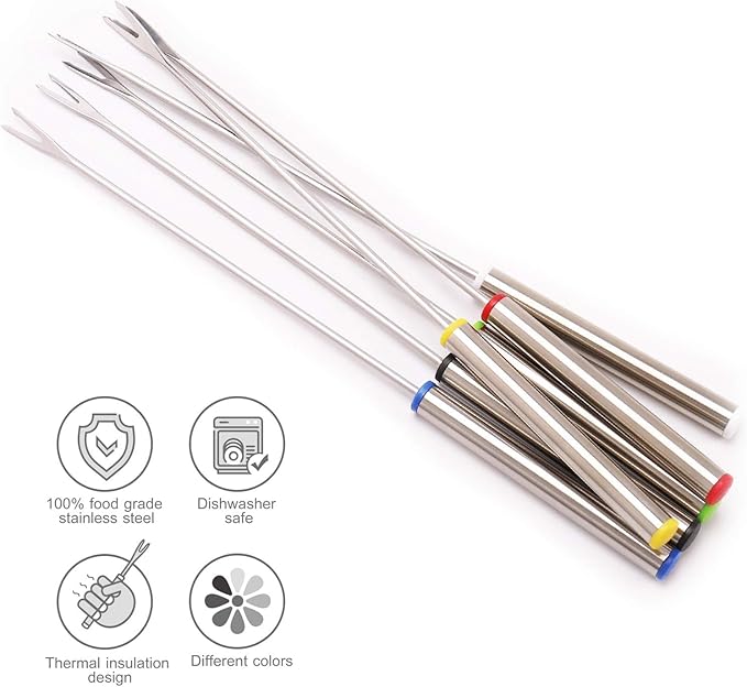 Set of 12 Stainless Steel Fondue Forks 9.5", Color Coded Cheese Fondue Forks Smores Sticks with Heat Resistant Handle for Chocolate Fountain Cheese Roast Marshmallows Dessert Fruits