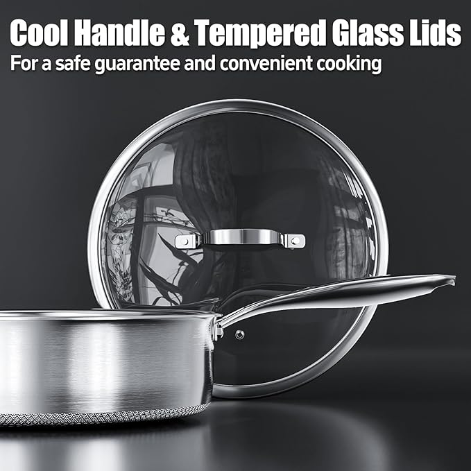 5 Qt Sauté Pan with Lid, 10-inch 5 Ply Stainless Steel Sauce Pan with Lid, Non Stick Frying Pans, Cooking Pot Deep Frying Pan Non-Toxic, For Induction, Oven, Dishwasher Safe