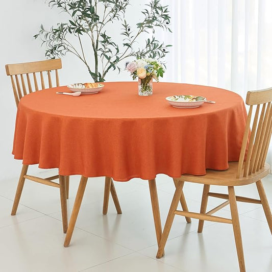 maxmill Round Linen Textured Fall Tablecloth Spill-Proof Wrinkle Free Table Cloth for Circular Table Cover, Halloween Tablecloths, Dining Room Harvest Thanksgiving Pary Holiday Dinner, 70 Inch, Rust