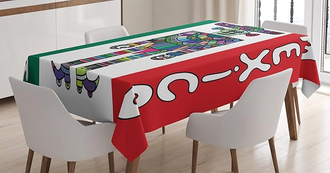 Ambesonne Mexican Tablecloth, Mexican Robot with Sombrero and Poncho on Mexican Flag Colored Background Print, Rectangular Table Cover for Dining Room Kitchen Decor, 52" X 70", Green Vermilion