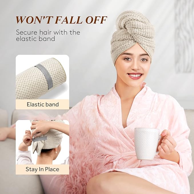 YFONG Large Hair Towel Wrap for Women, Super Absorbent Microfiber Hair Towel for Curly Hair, Fast Drying Hair Turbans with Elastic,Hair Drying Towel Wrap for Hair Care 26.3" X 40" (Camel)