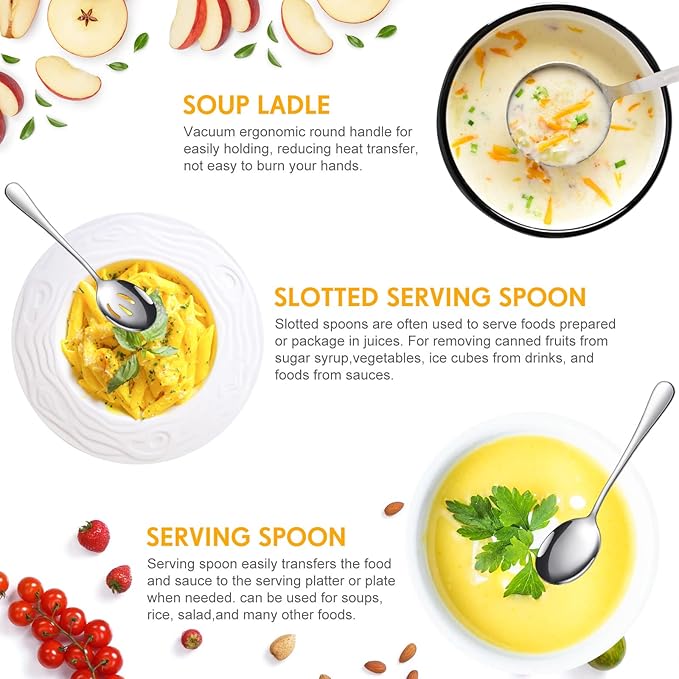 Patelai Serving Utensils Set Include Stainless Steel Large Spoons Slotted Spoons Forks Tongs Soup Ladle and Pie Server for Parties Buffet Catering, Dishwasher Safe(Silver,12 Pieces)