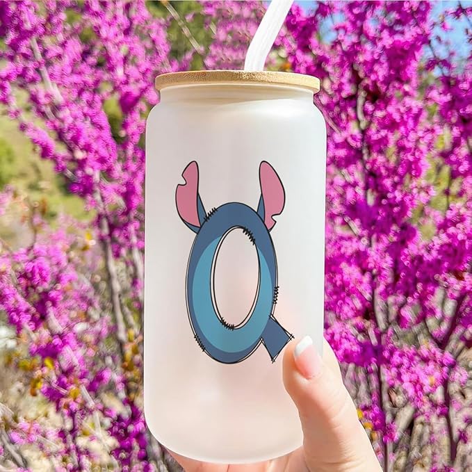 Cute Cartoon Lover Gifts Initial A-Z Personalized Iced Coffee Cup Cartoon Merch 16oz Glass Cup with Lid and Straws Birthday Christmas Gifts for Women Teen Girls Fans (Letter Q)