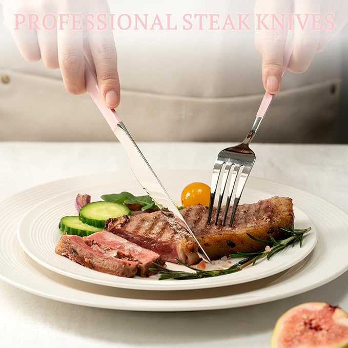 Astercook Silverware Set with Steak Knives 24-Piece Flatware Set for 4 Food-Grade Stainless Steel Pink Cutlery Set Mirror Polished Utensils Set Include Spoons and Forks for Home Kitchen Restaurant